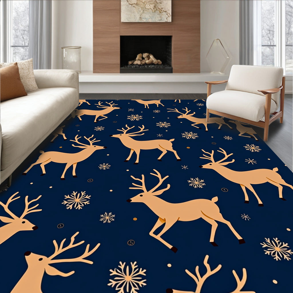 Golden Reindeer Snowflakes Navy Cozy Rug