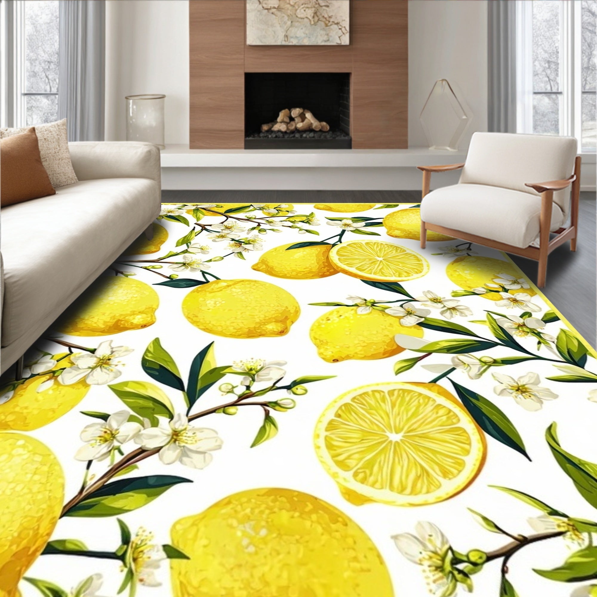 Vibrant Yellow Lemon Blossom Pattern Rug