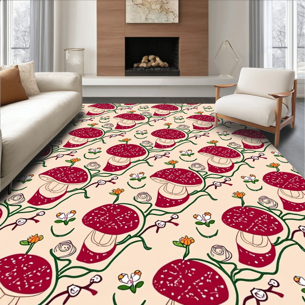 Whimsical Red Mushroom Floral Pattern Rug