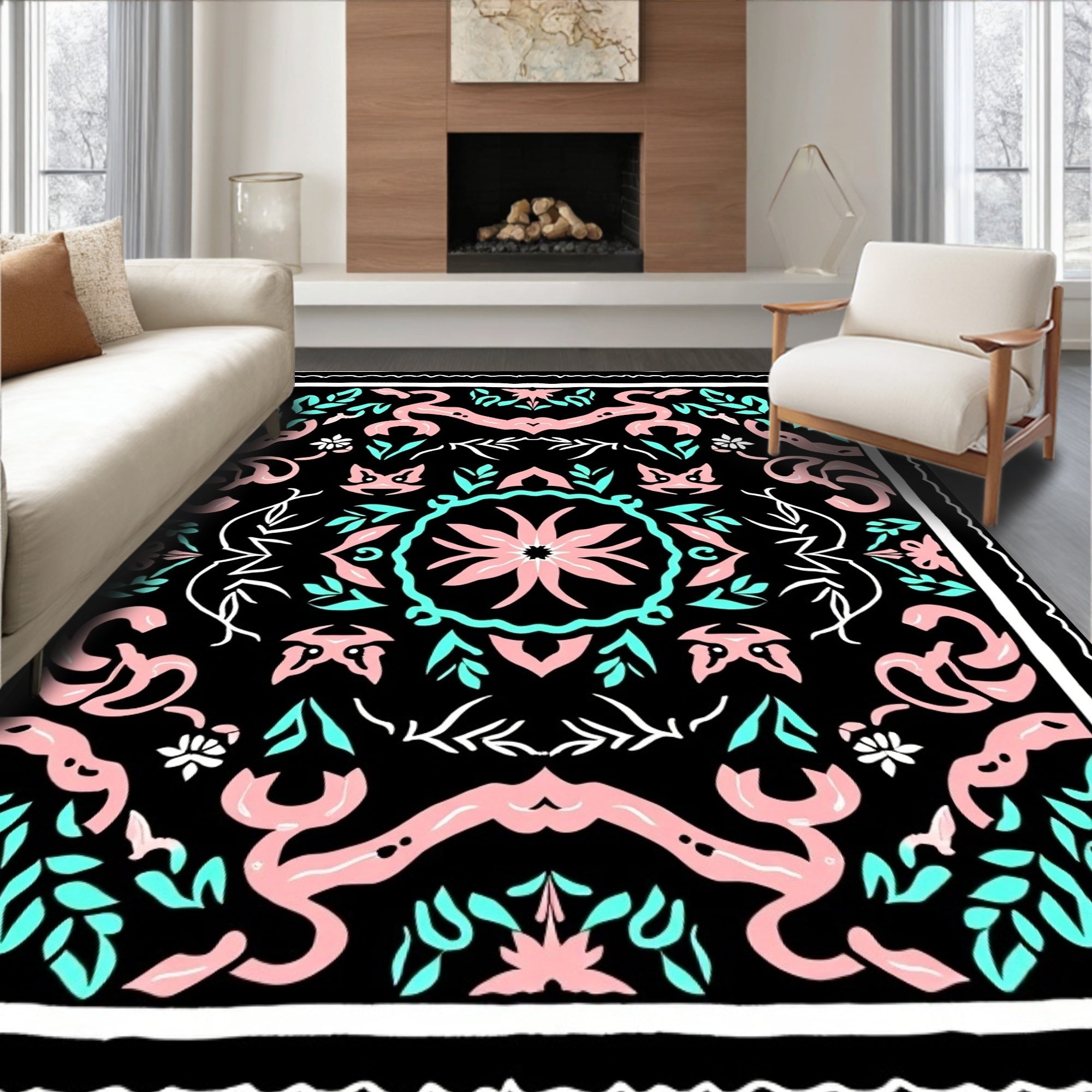 Pink Teal Floral Whimsical Pattern Rug