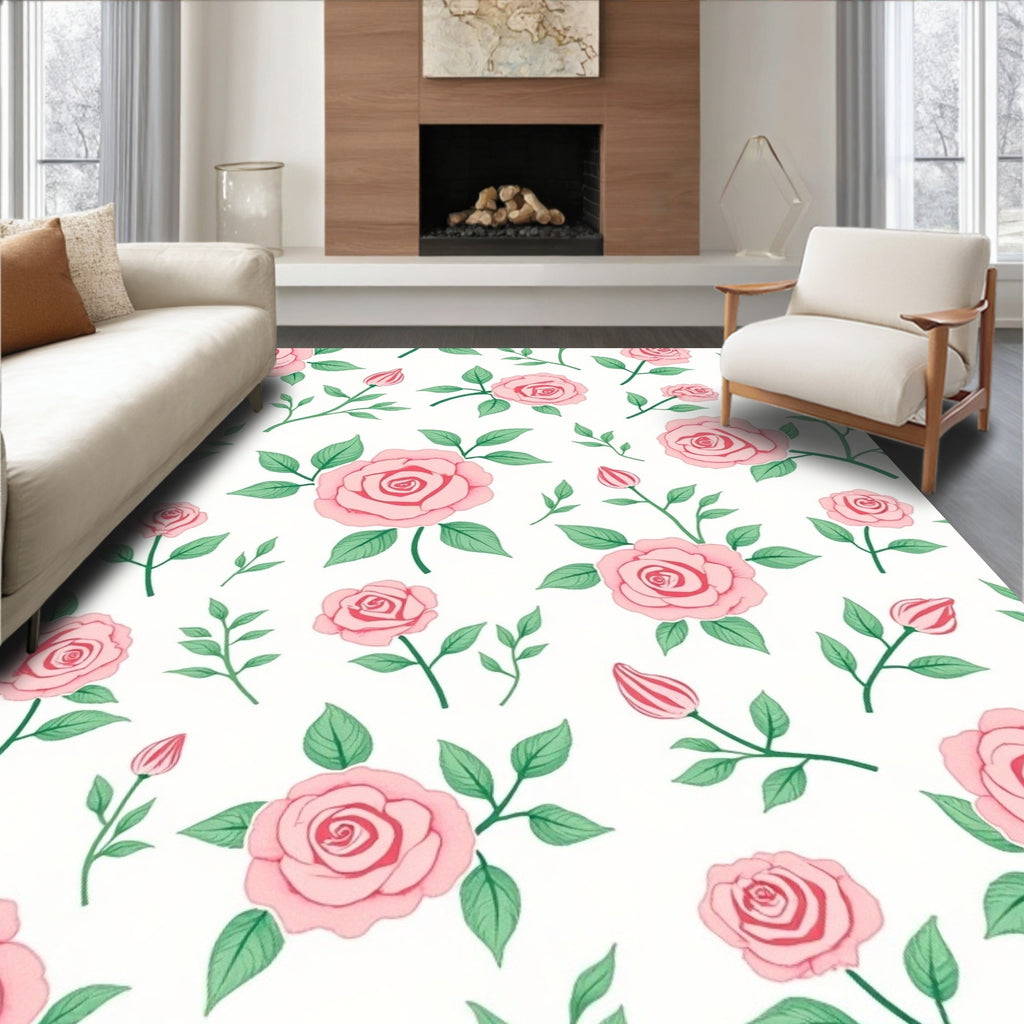 Pink Roses Floral Pattern Rug