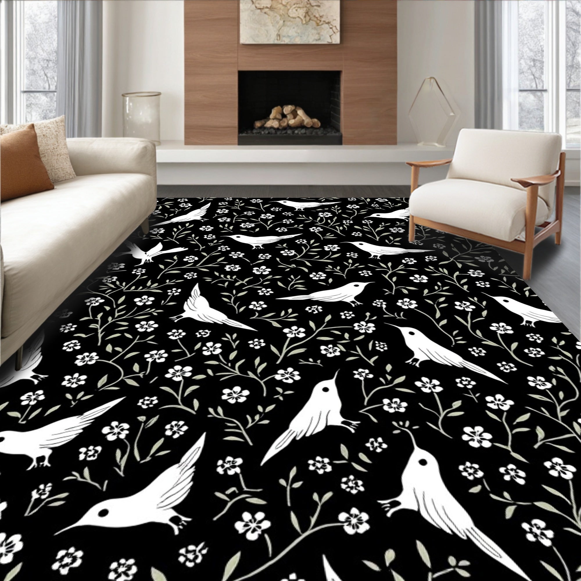 Birds and Blossoms Black Ground Design Rug