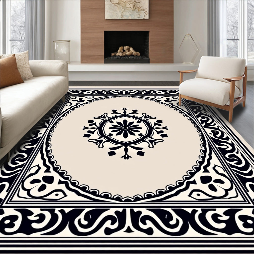 Ornate Black Beige Scrollwork Rug