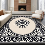 Ornate Black Beige Scrollwork Rug