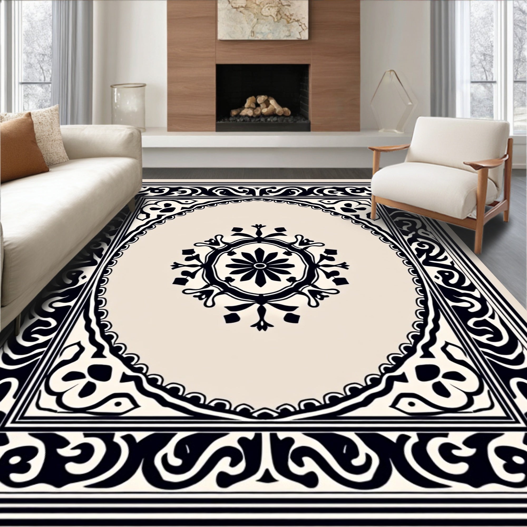 Ornate Black Beige Scrollwork Rug