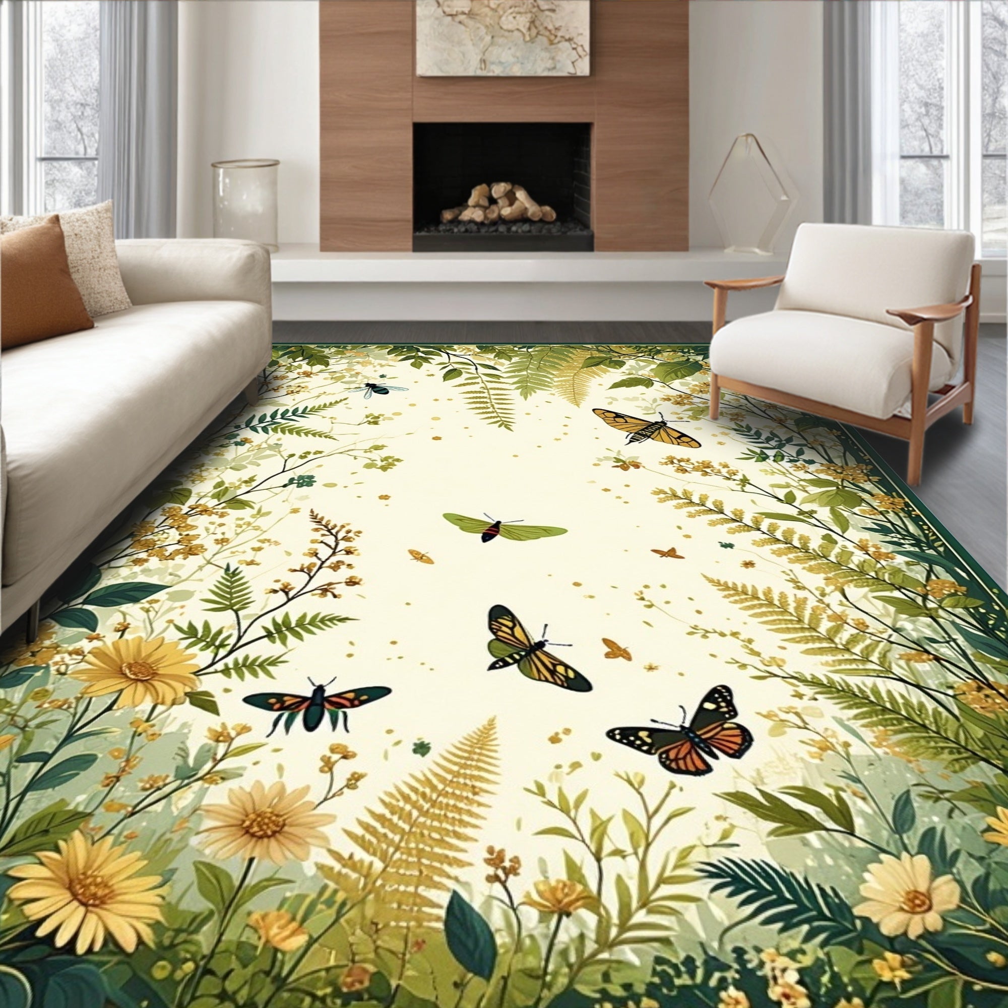 Enchanting Garden Butterfly Nature Scene Rug