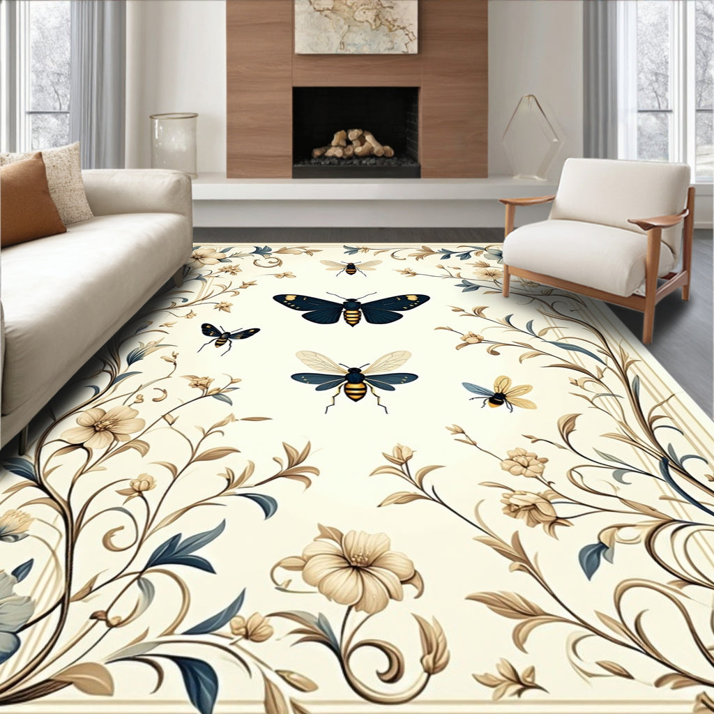 Elegant Floral Insect Scrollwork Design Rug