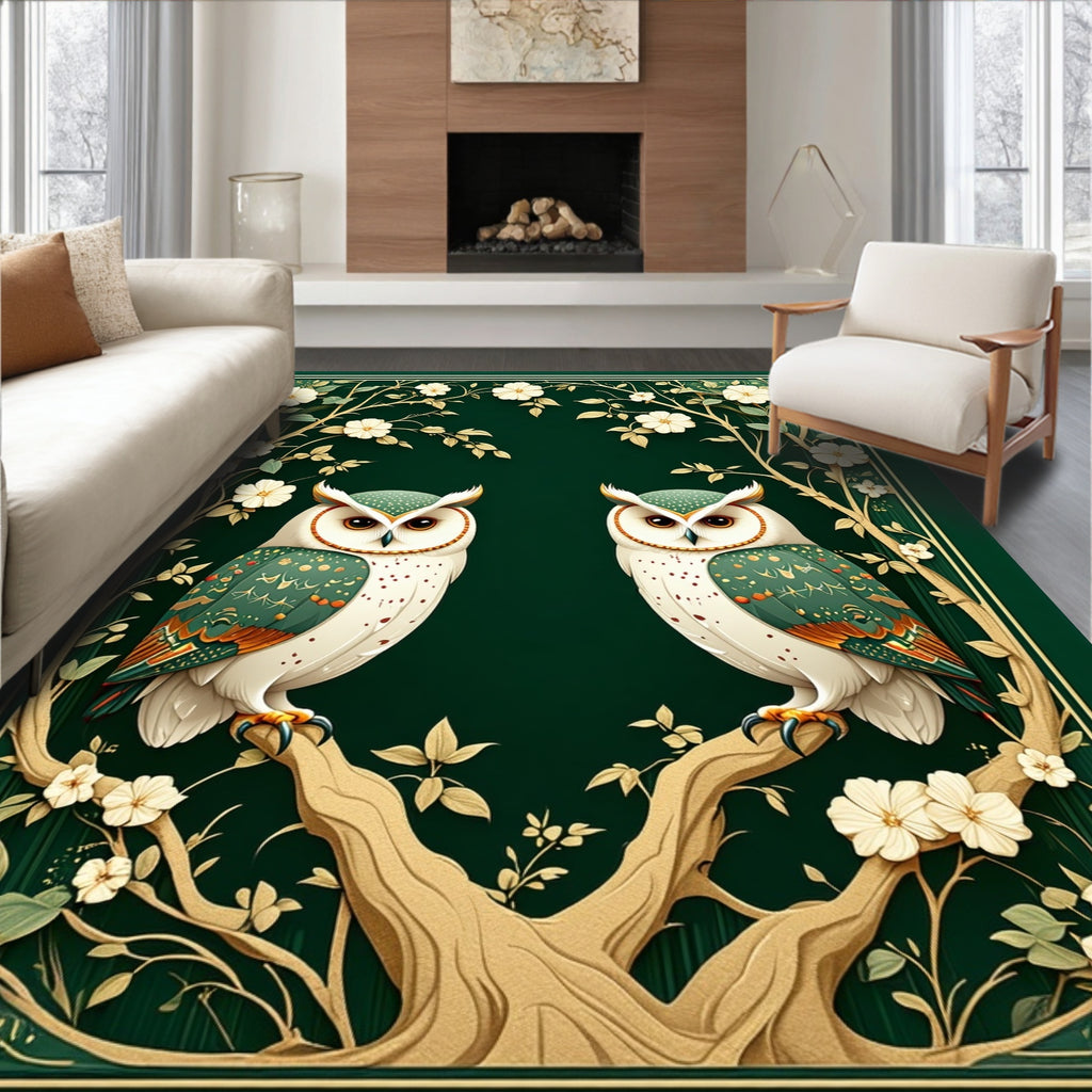 Emerald Whimsical Owl Floral Art Rug