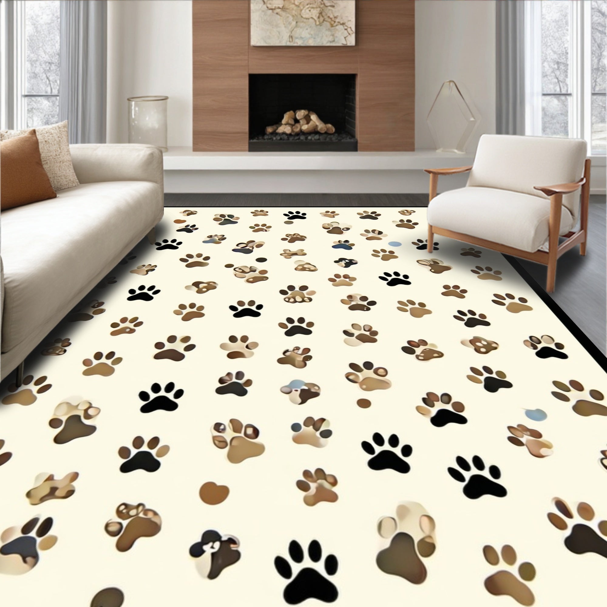 Paw Prints Patterned Neutral Tones Rug