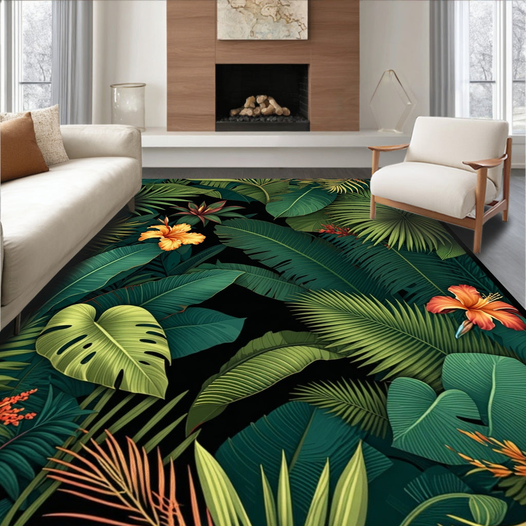 Lush Jungle Tropical Leaf and Floral Rug