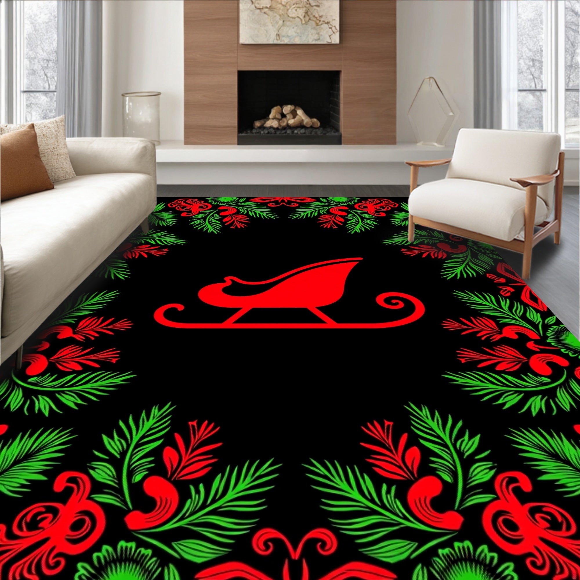 Classic Red Green Sleigh Garland Rug
