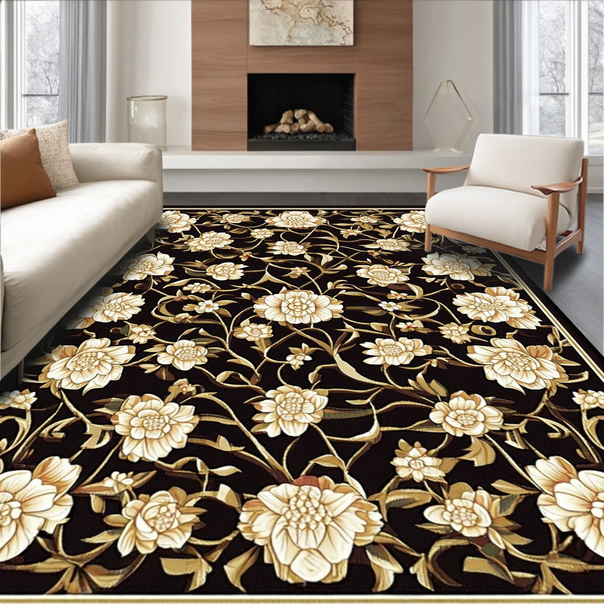 Elegant Black Floral Vine Motif Rug