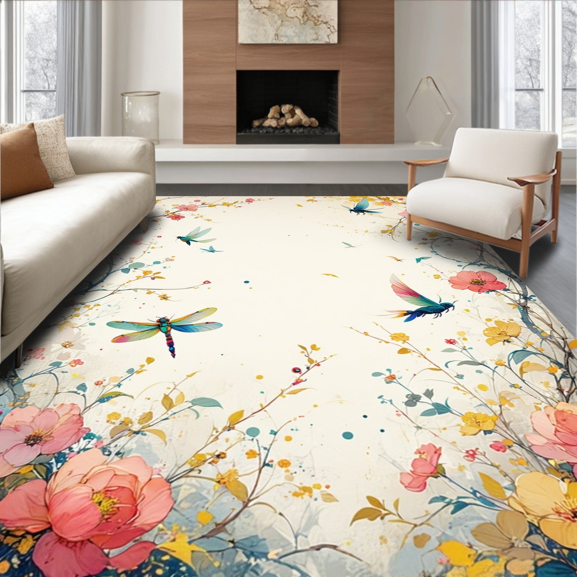 Whimsical Dragonfly Floral Garden Design Rug