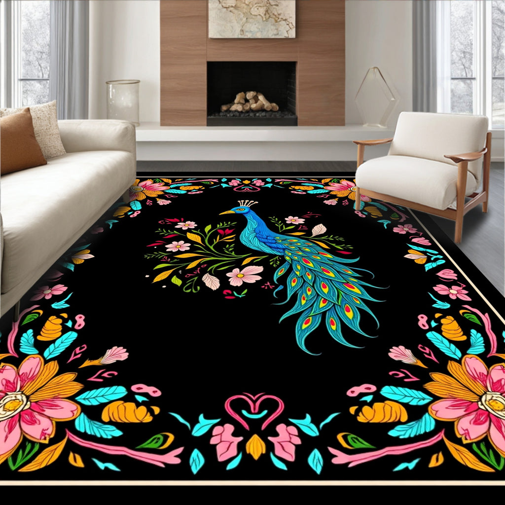 Vibrant Peacock Floral Frame Design Rug