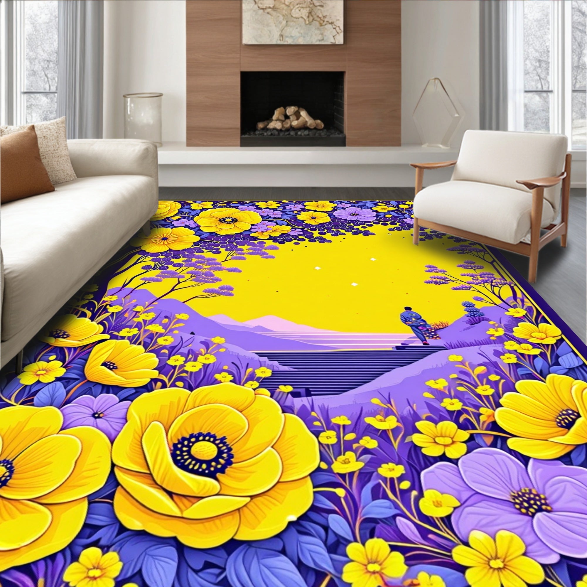 Vibrant Yellow Purple Floral Landscape Rug