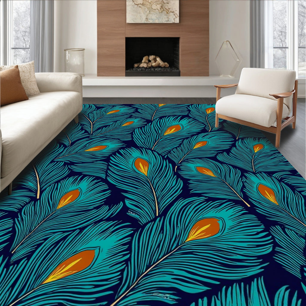 Opulent Teal Feather Pattern Rug