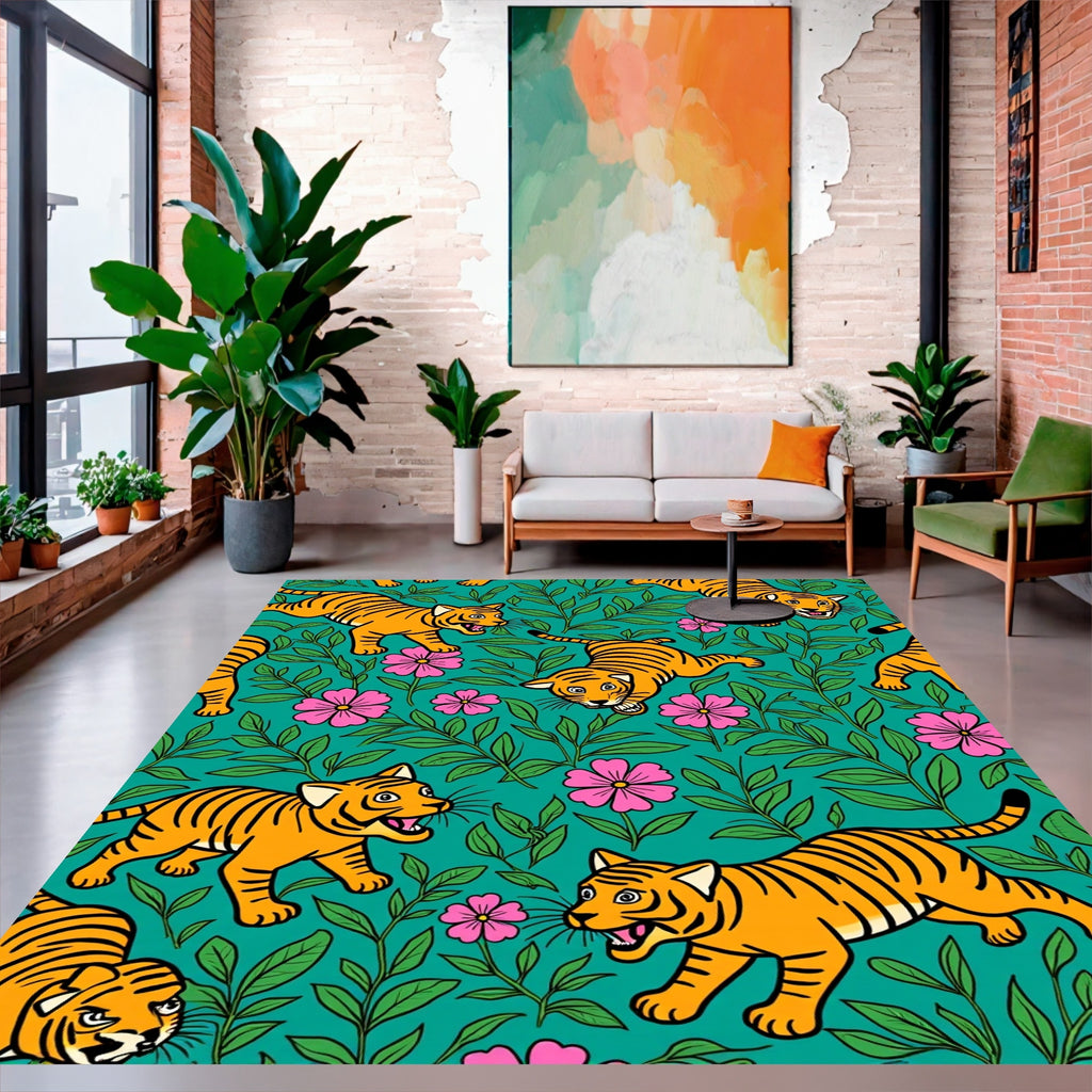 Playful Tiger Floral Pattern Design Rug