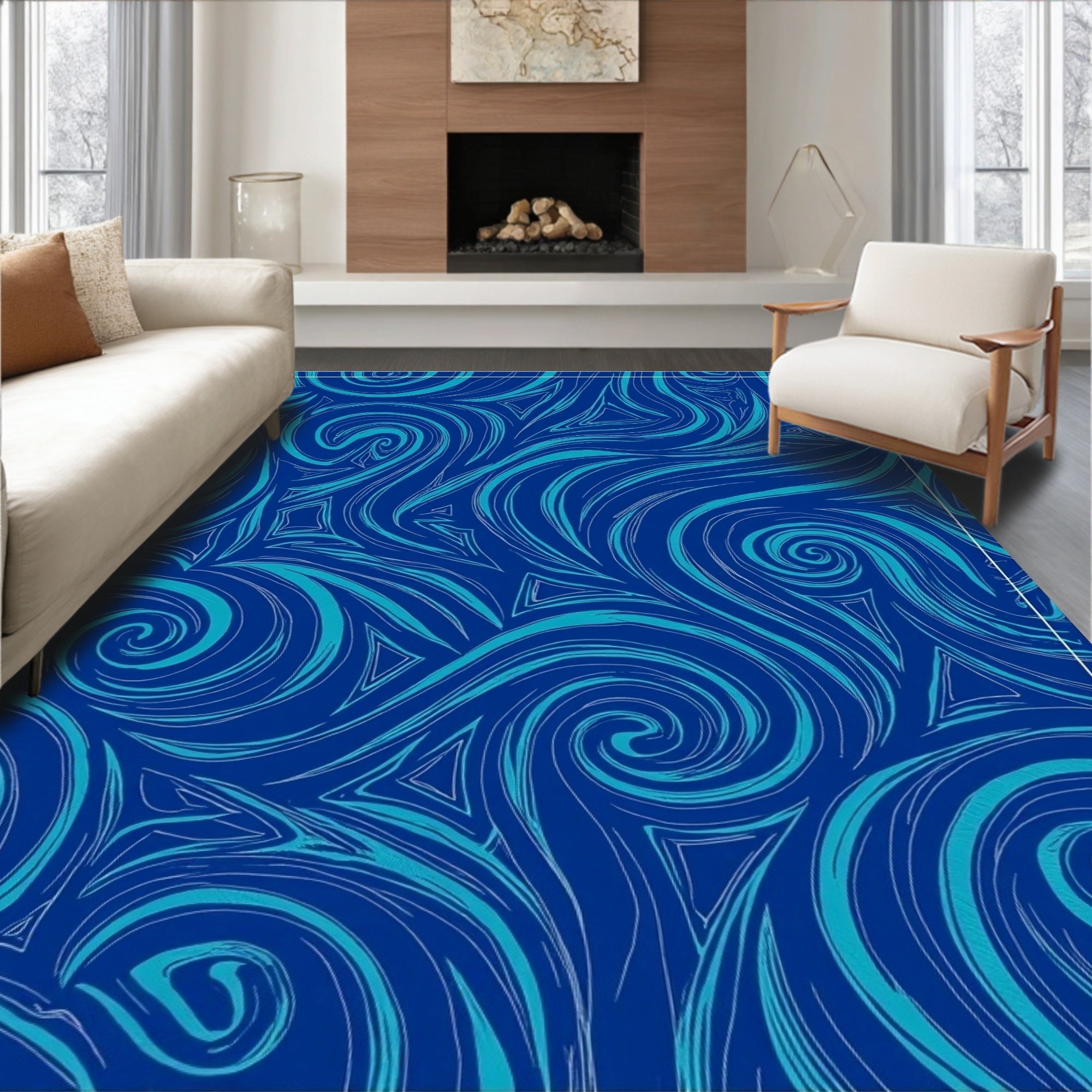 Deep Blue Swirl Abstract Pattern Rug