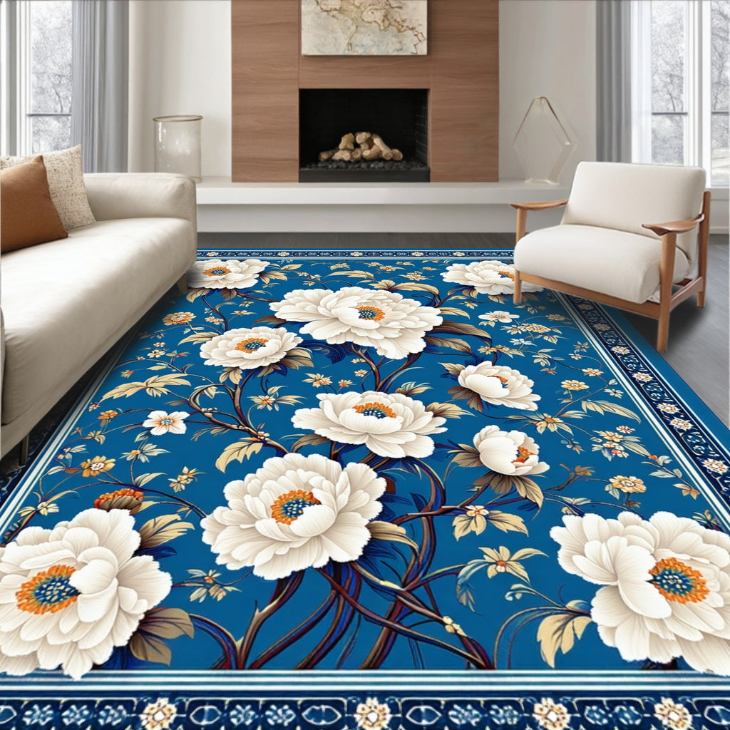 Elegant White Peony Floral Pattern Rug