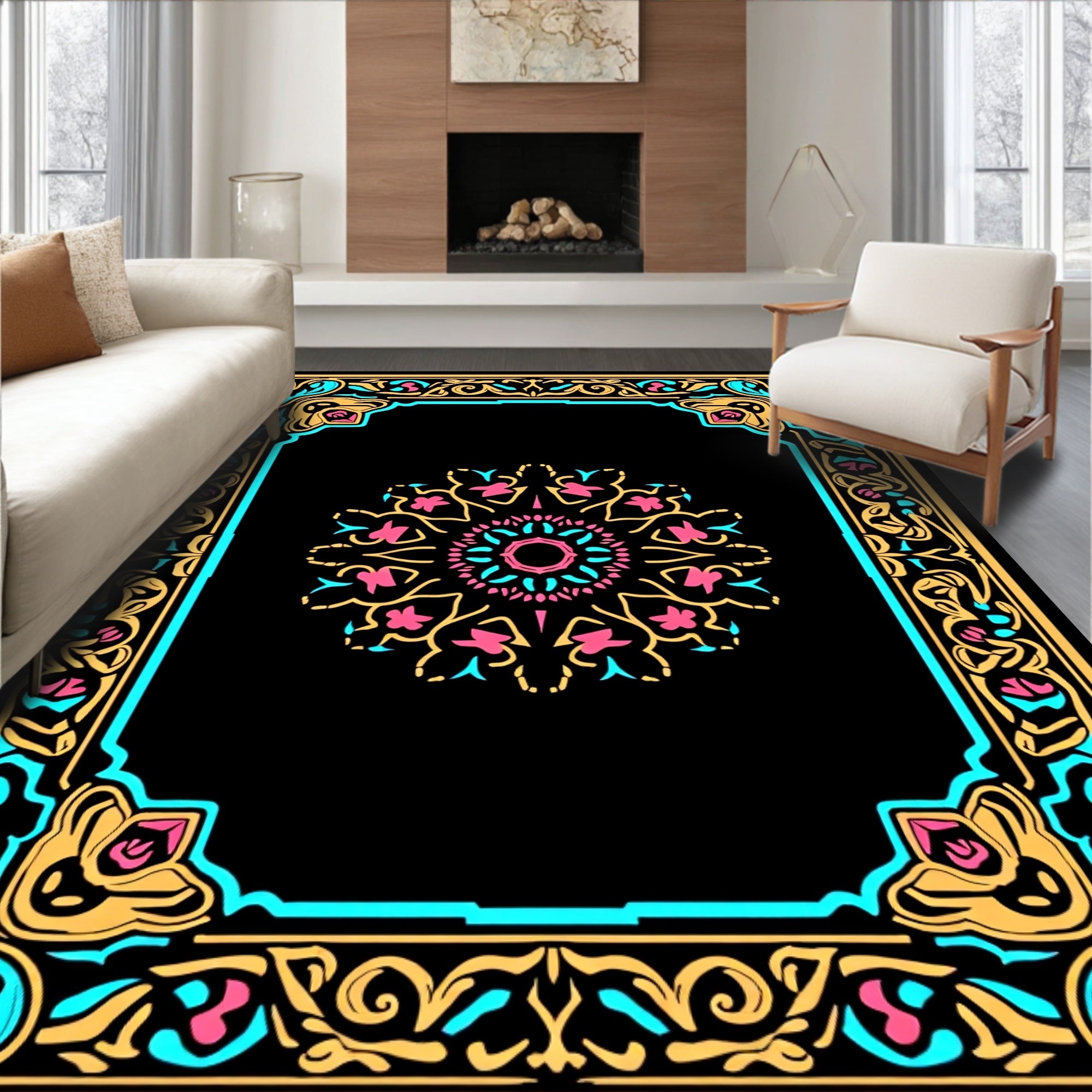 Exotic Floral Frame Mandala Design Rug