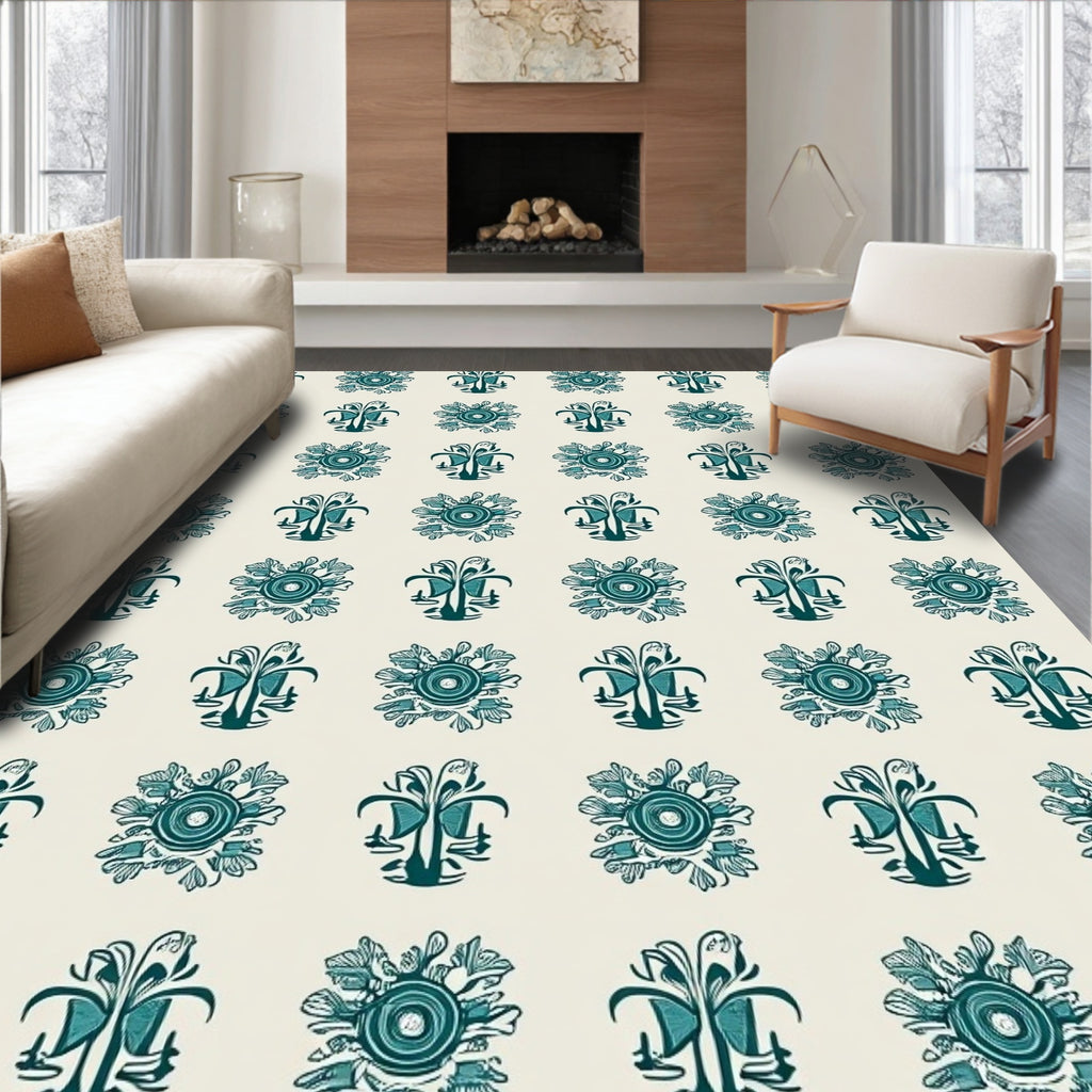 Teal Floral medallion Motif Design Rug