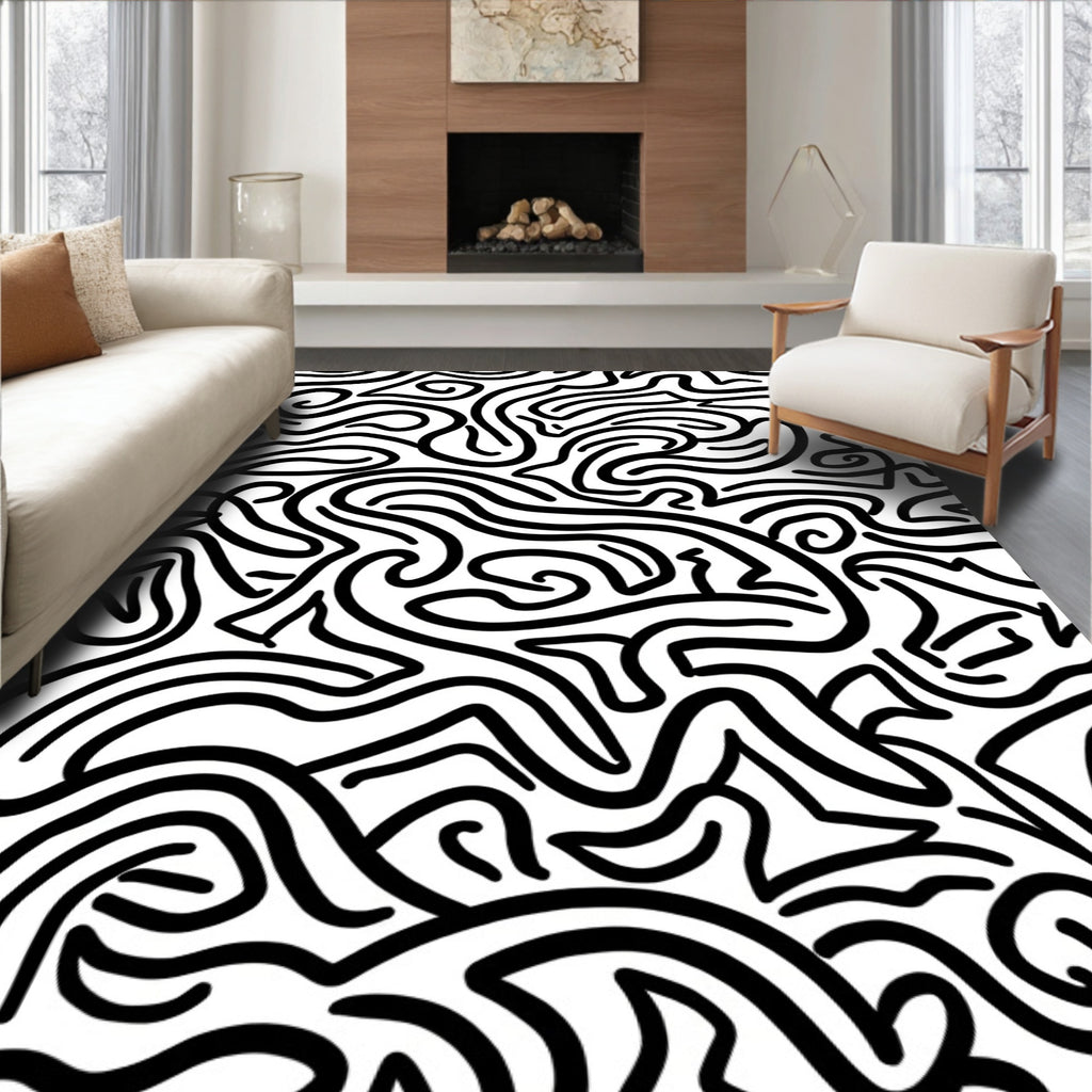 Abstract Black White Swirl Pattern Rug