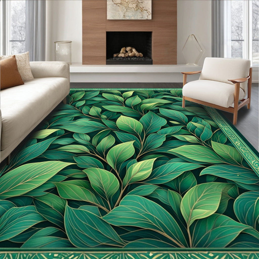 Emerald Green Leafy Vine Botanical Pattern Rug