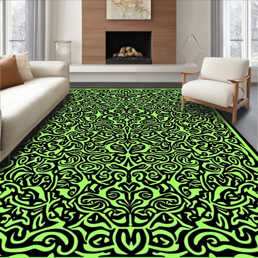 Bold Black Green Swirl Pattern Rug