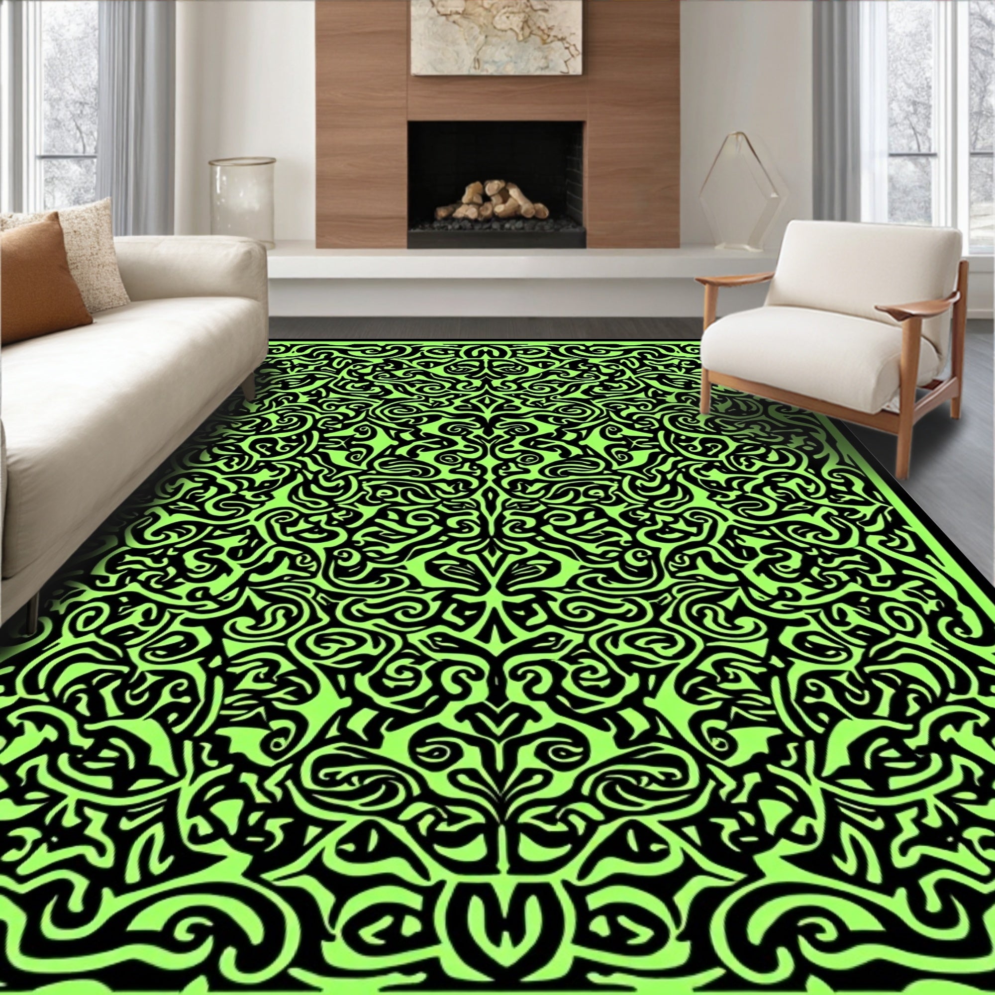 Bold Black Green Swirl Pattern Rug