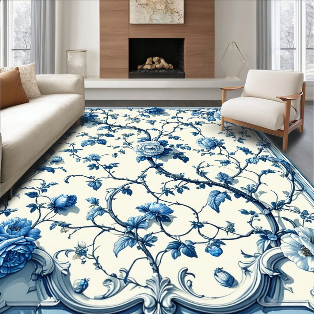 Chinoiserie Blue Floral Vine Pattern Rug