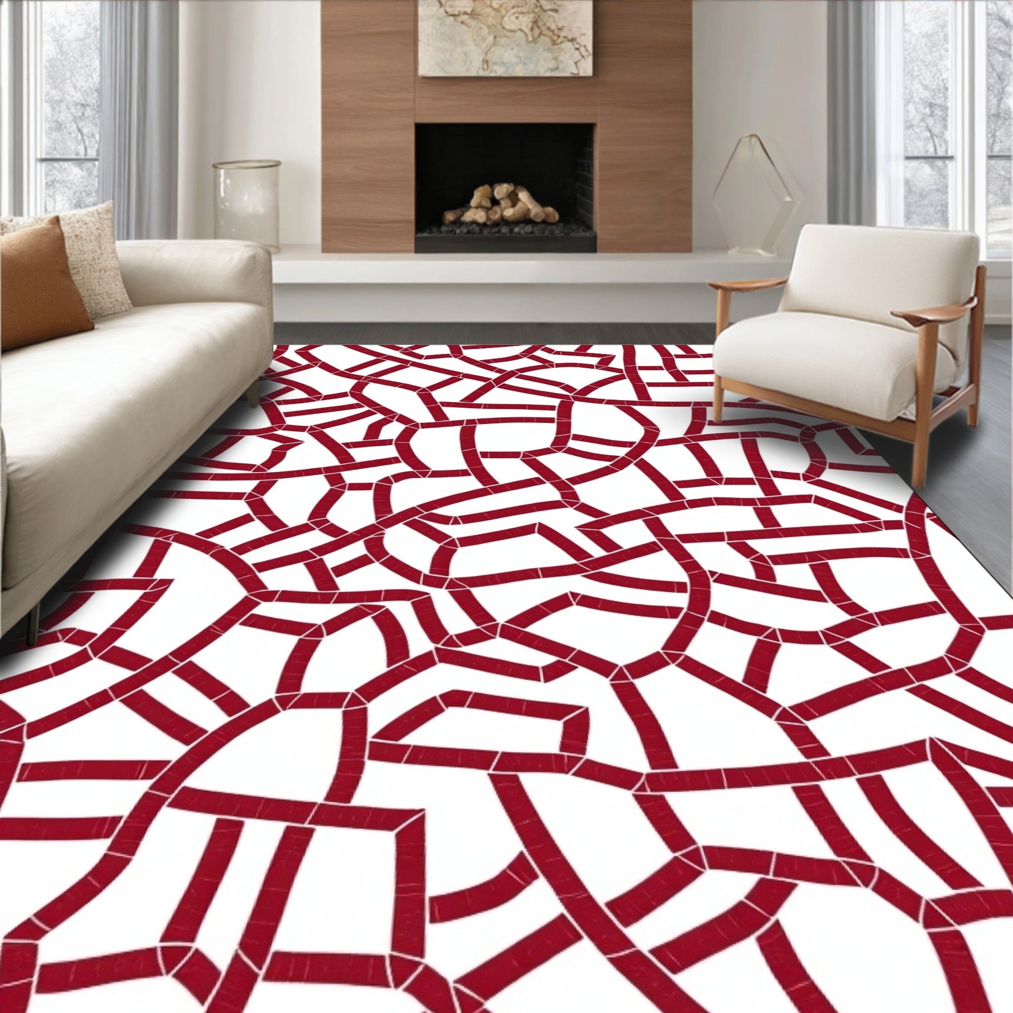 Abstract Red Intertwined Geometric Pattern Rug