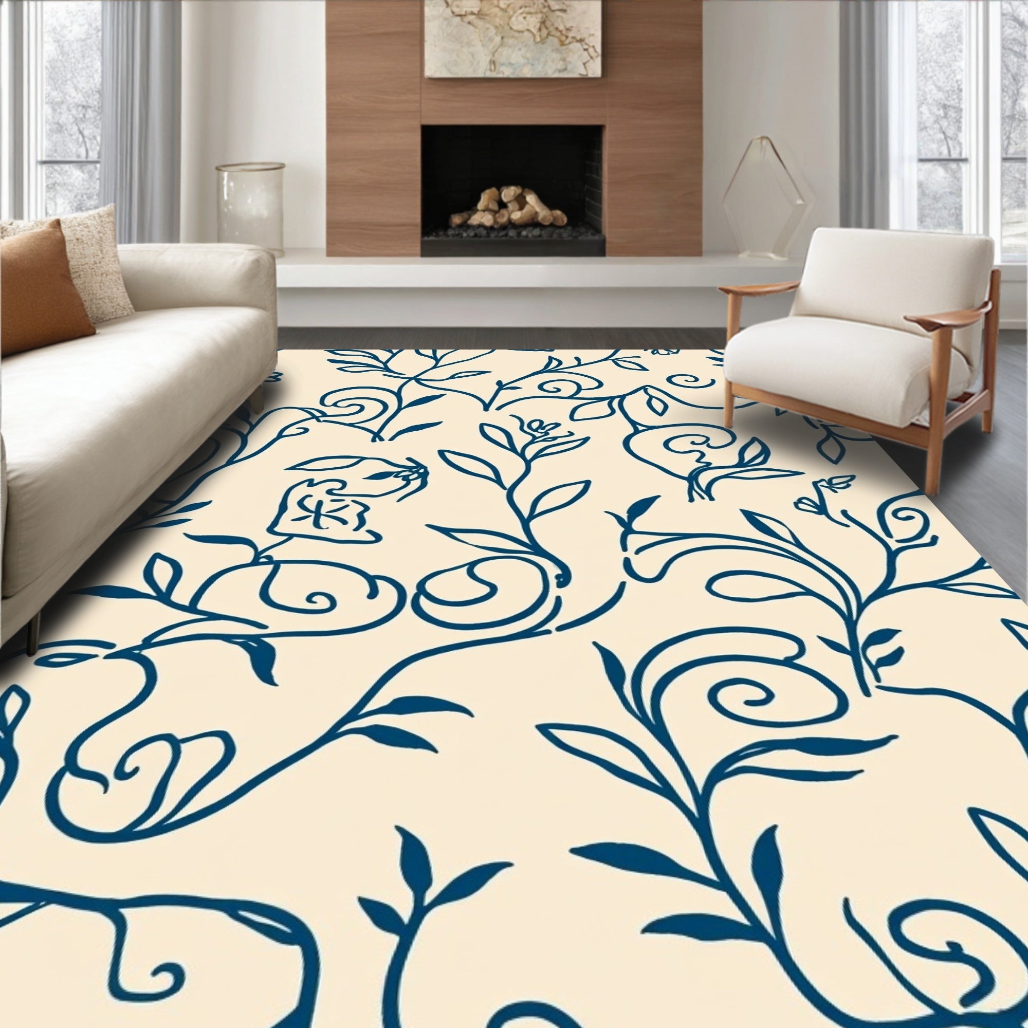 Navy Blue Floral Vine Design Rug