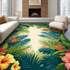 Vibrant Tropical Leaves Hibiscus Floral Rug