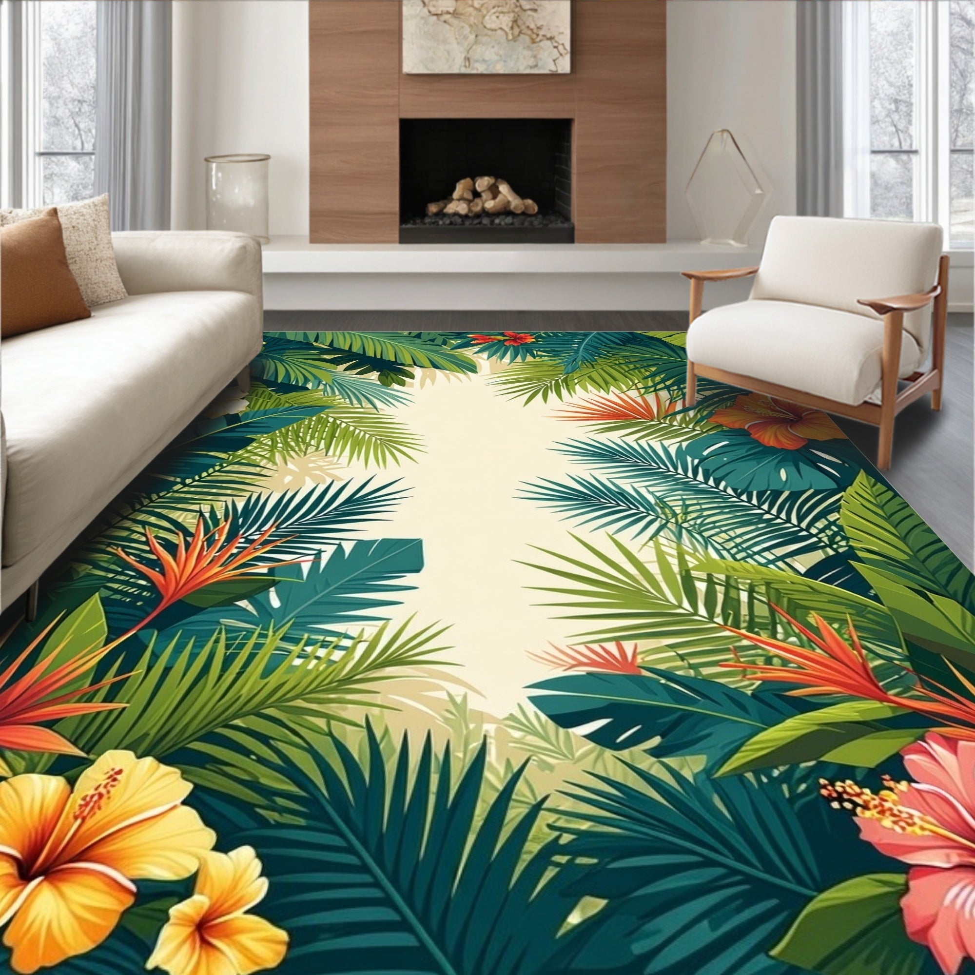 Vibrant Tropical Leaves Hibiscus Floral Rug