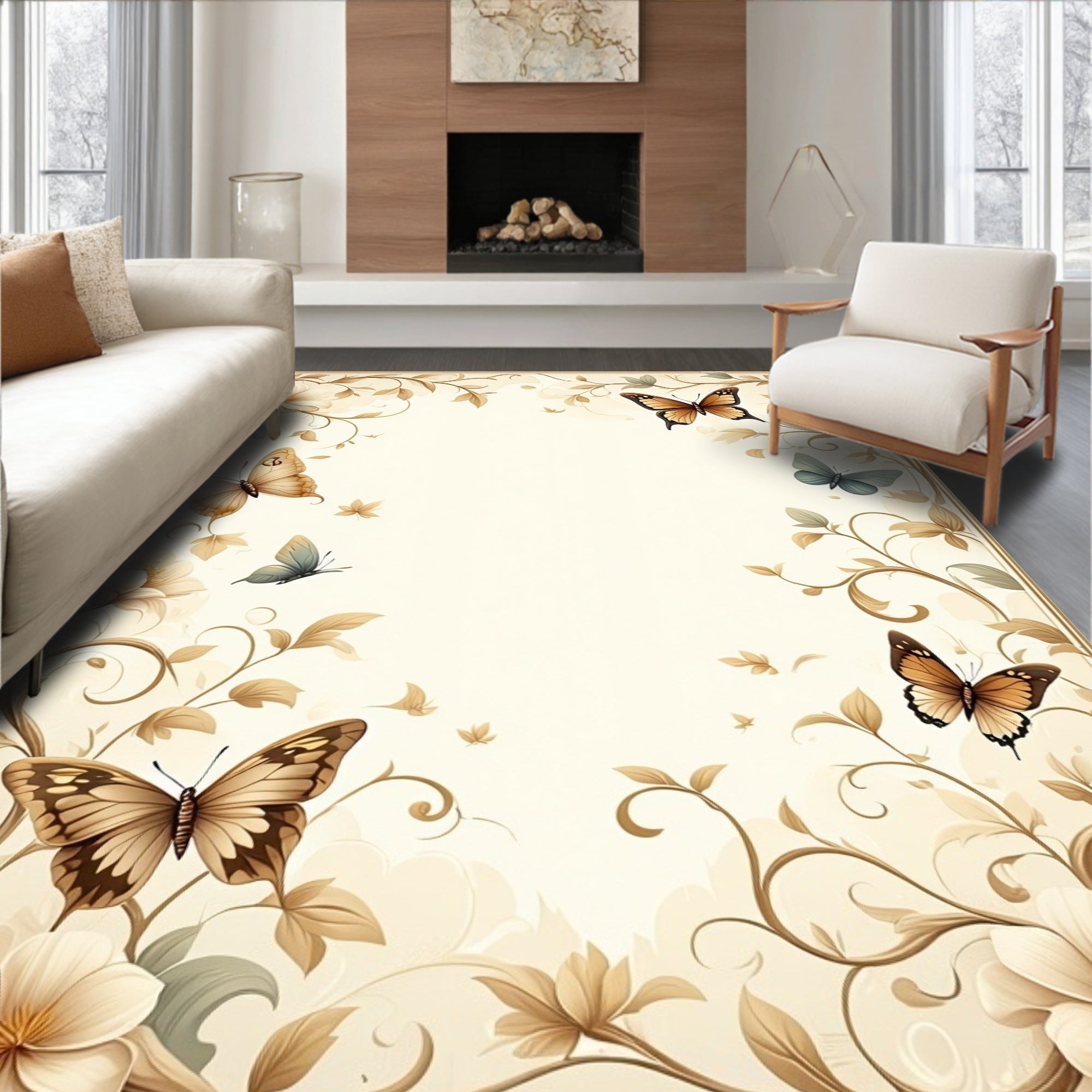 Elegant Butterfly Floral Vines Design Rug