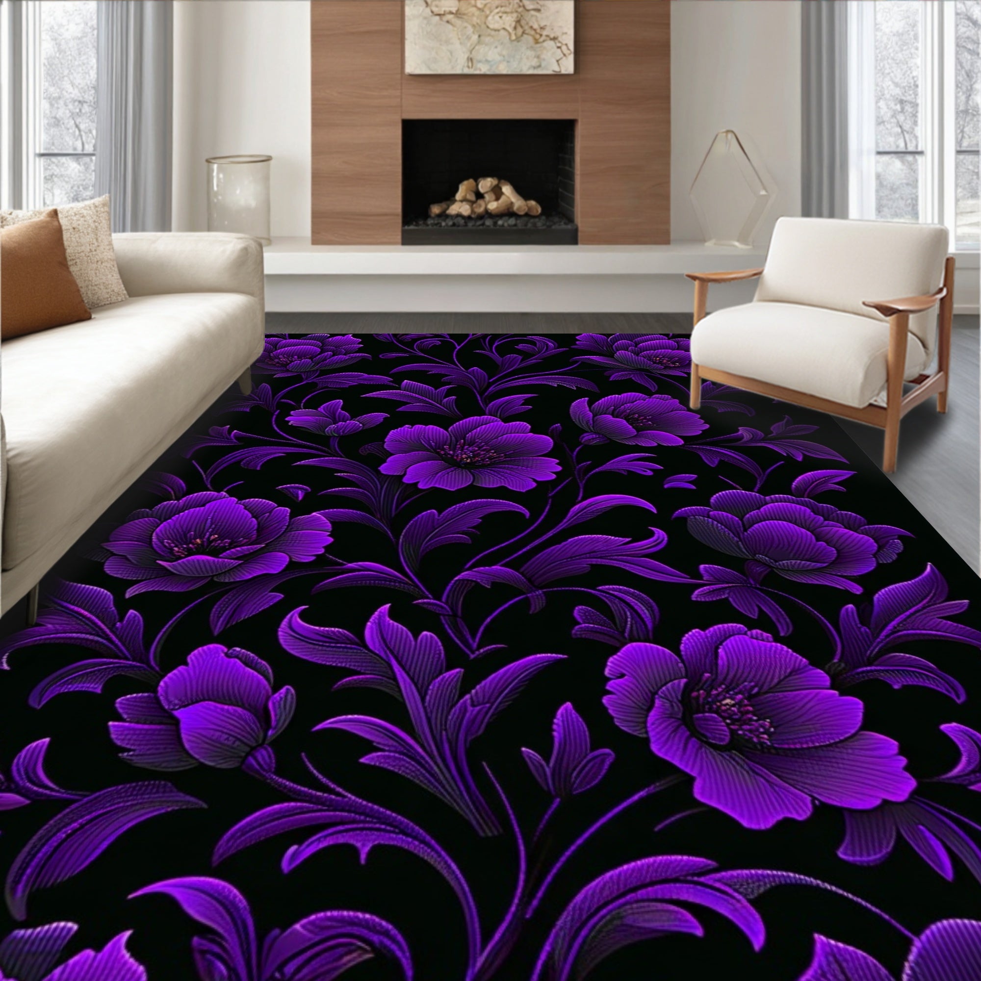 Royal Purple Floral Vine Pattern Rug
