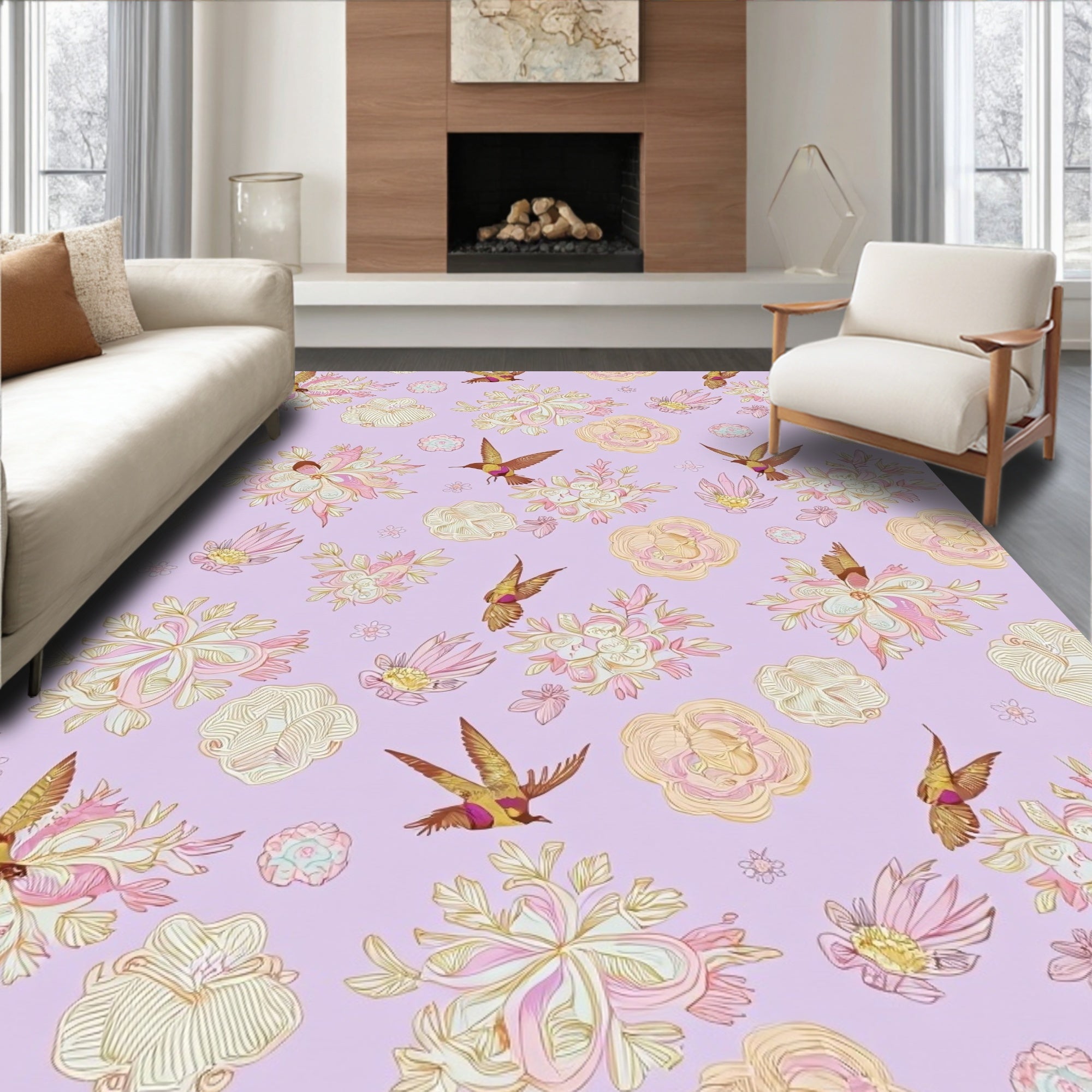 Whimsical Birds Flowers Pattern Rug