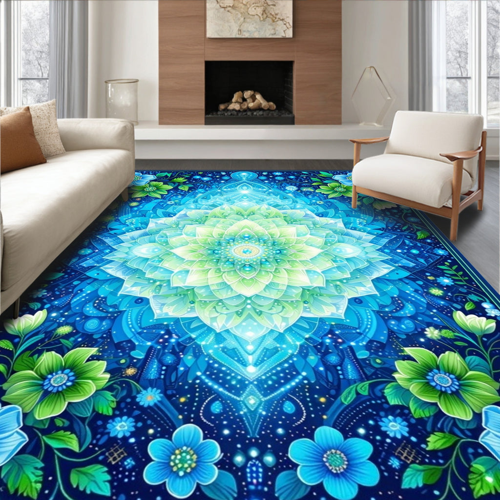 Vibrant Blue Green Floral Mandala Design Rug
