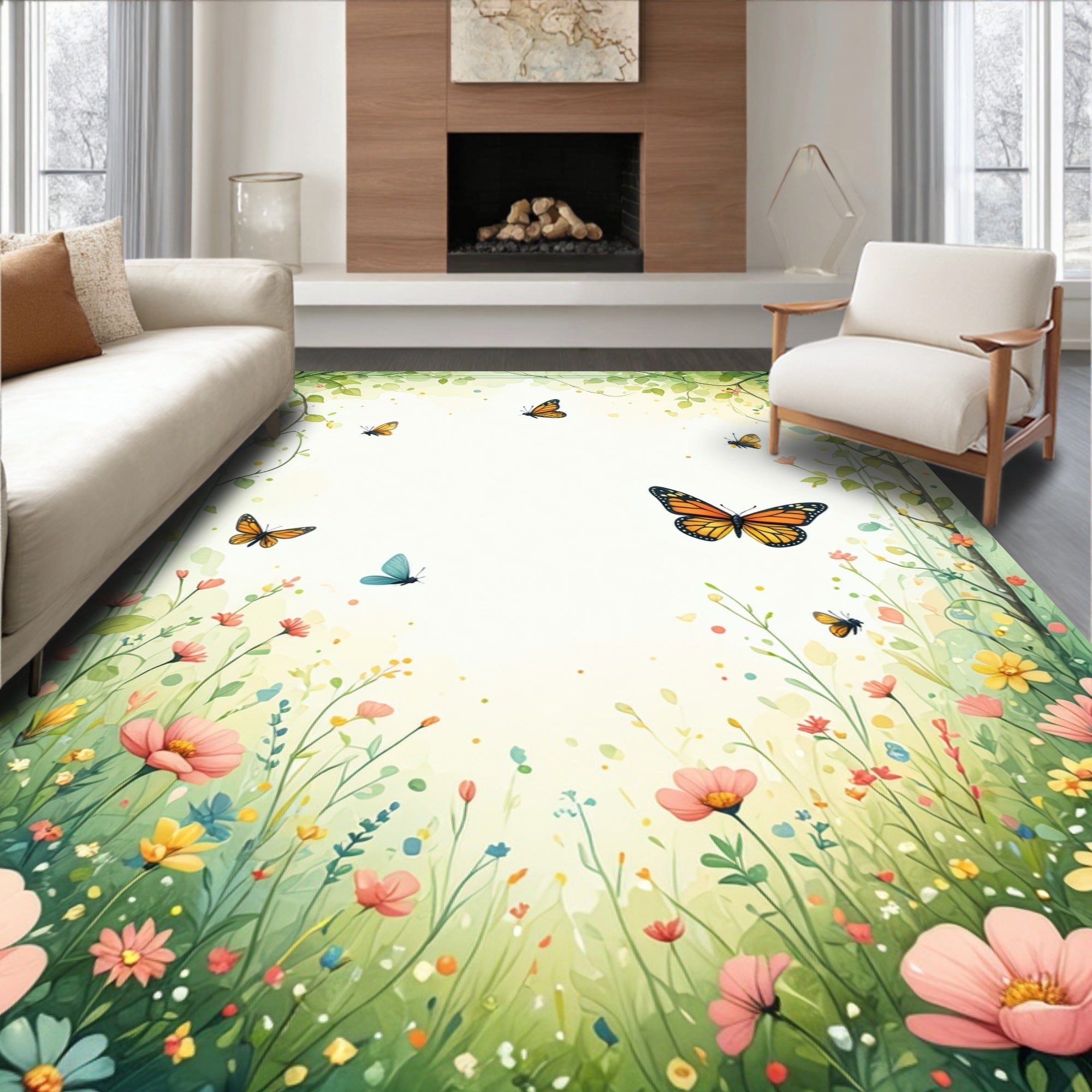 Whimsical Floral Butterfly Garden Rug