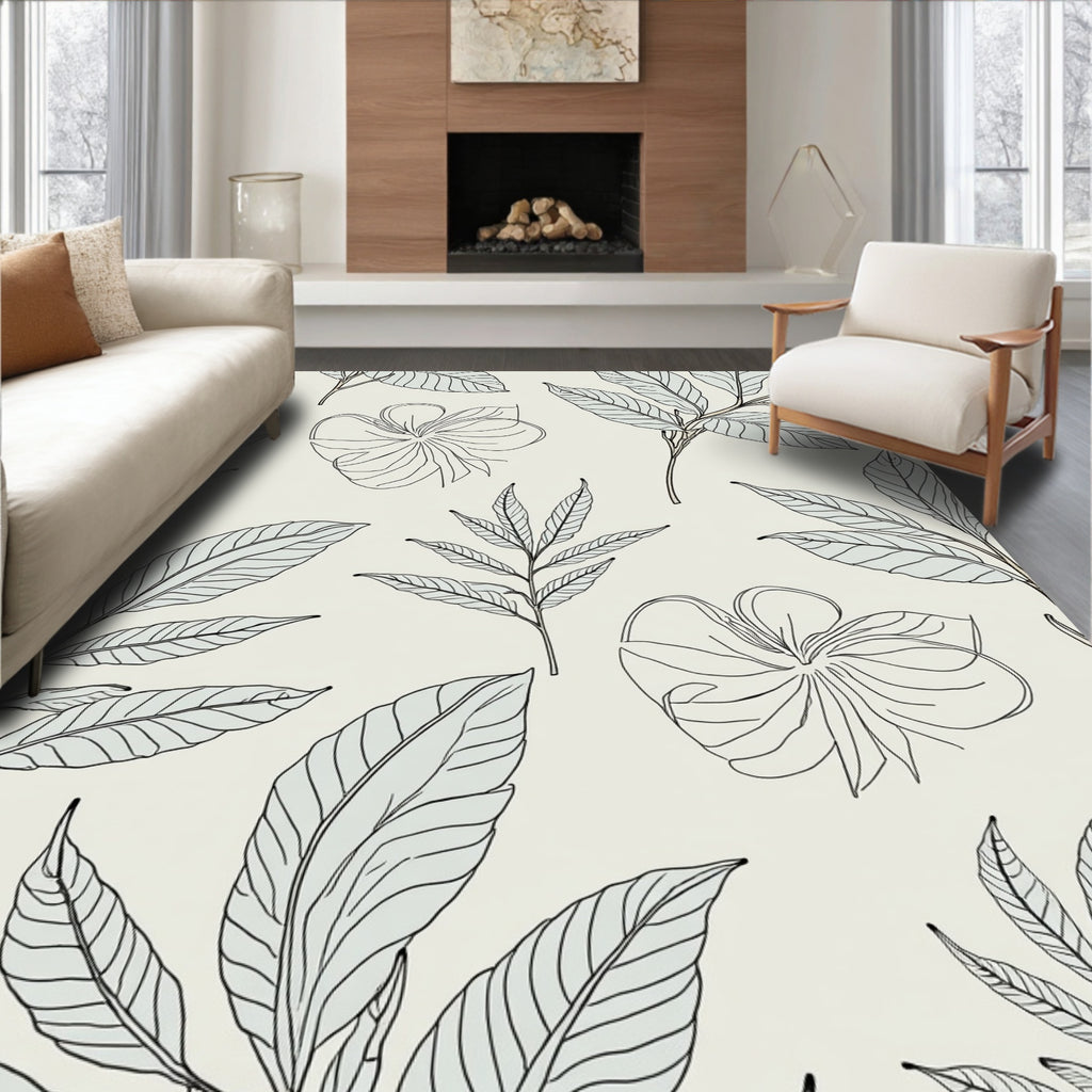 Botanical Line Art Floral Pattern Rug