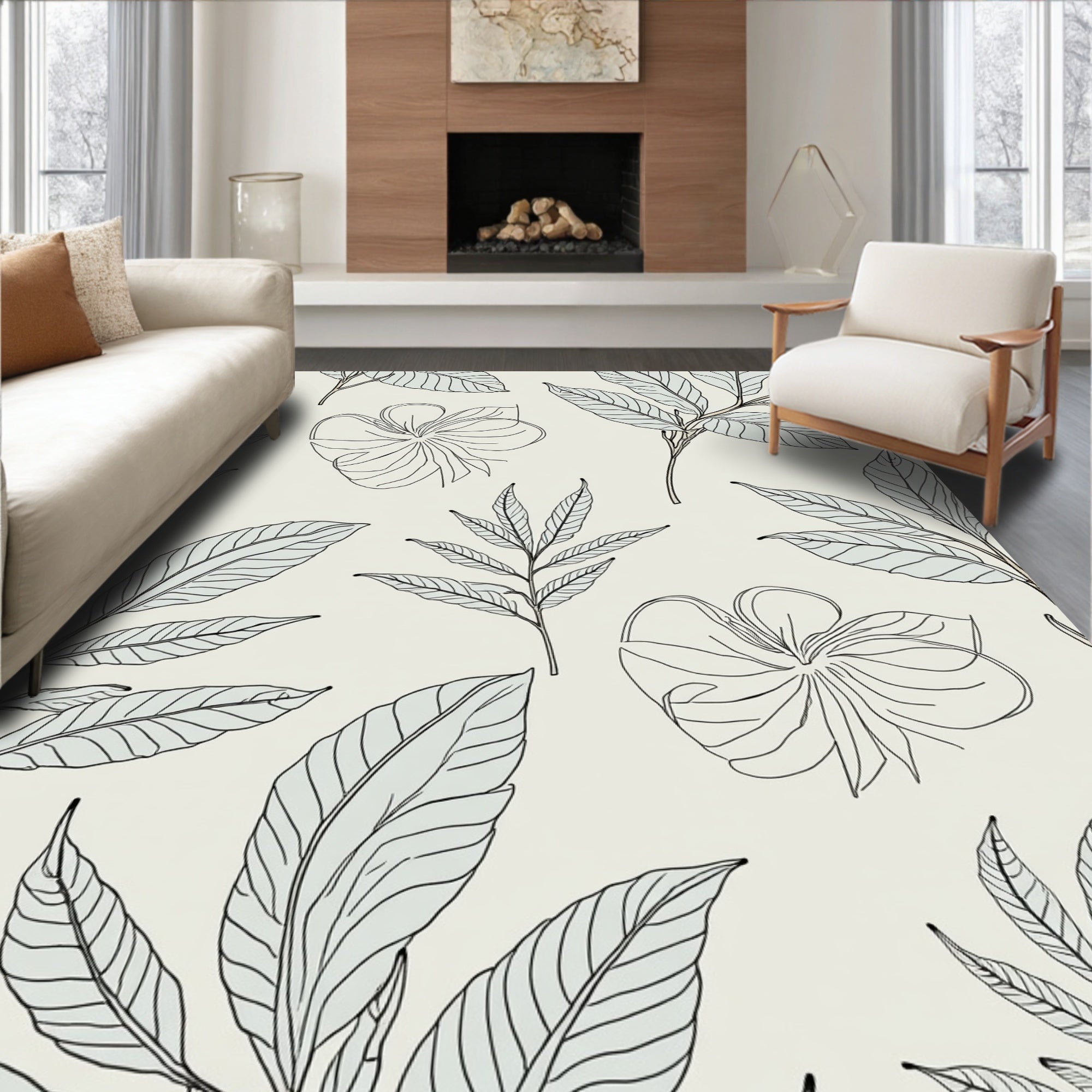 Botanical Line Art Floral Pattern Rug