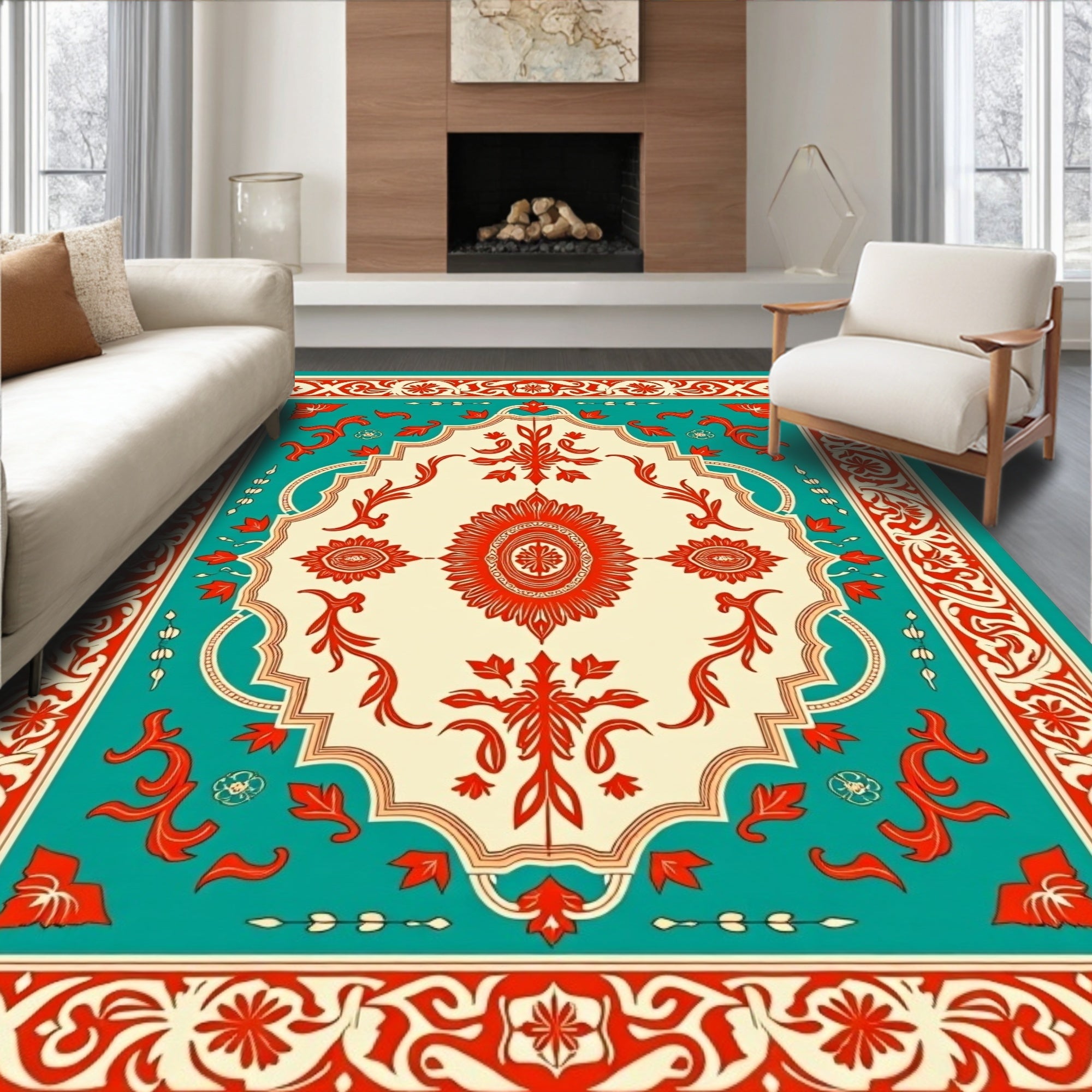 Victorian Teal Red Floral Medallion Rug
