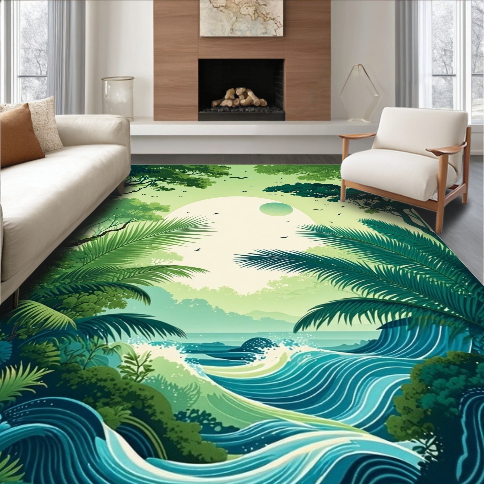Tropical Jungle Waves Birds Design Rug