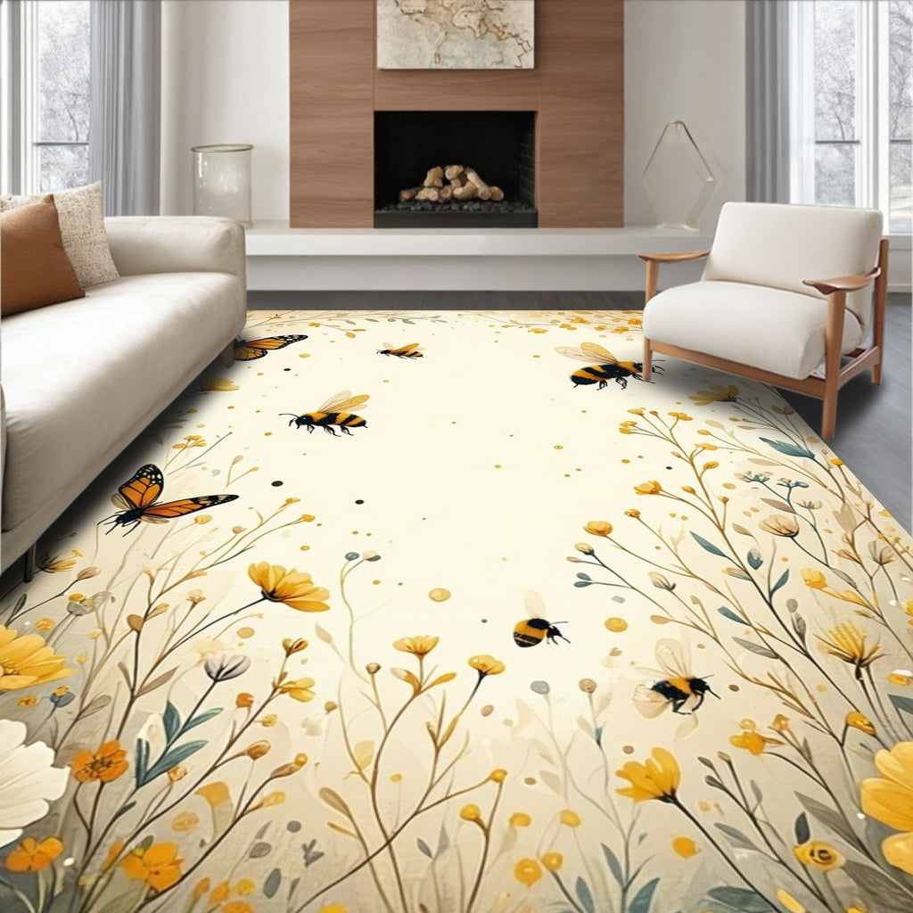 Whimsical Nature Scene With Bees Butterflies Rug
