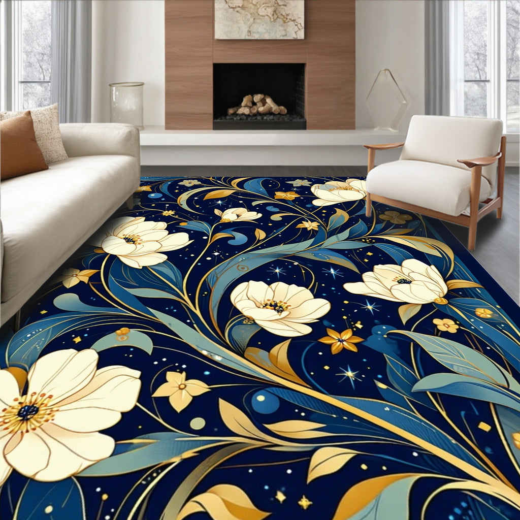 Midnight Floral Vines Stars Rug