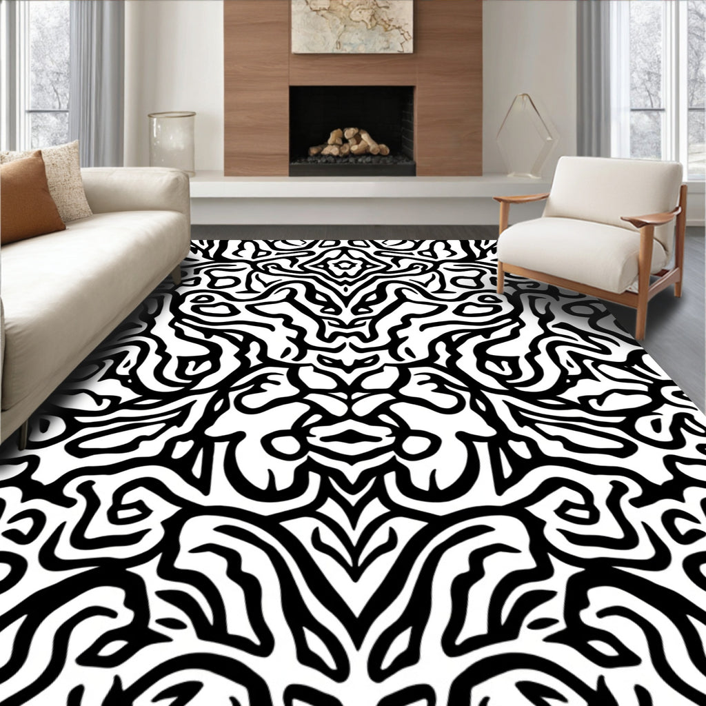 Intricate Abstract Black White Organic Design Rug