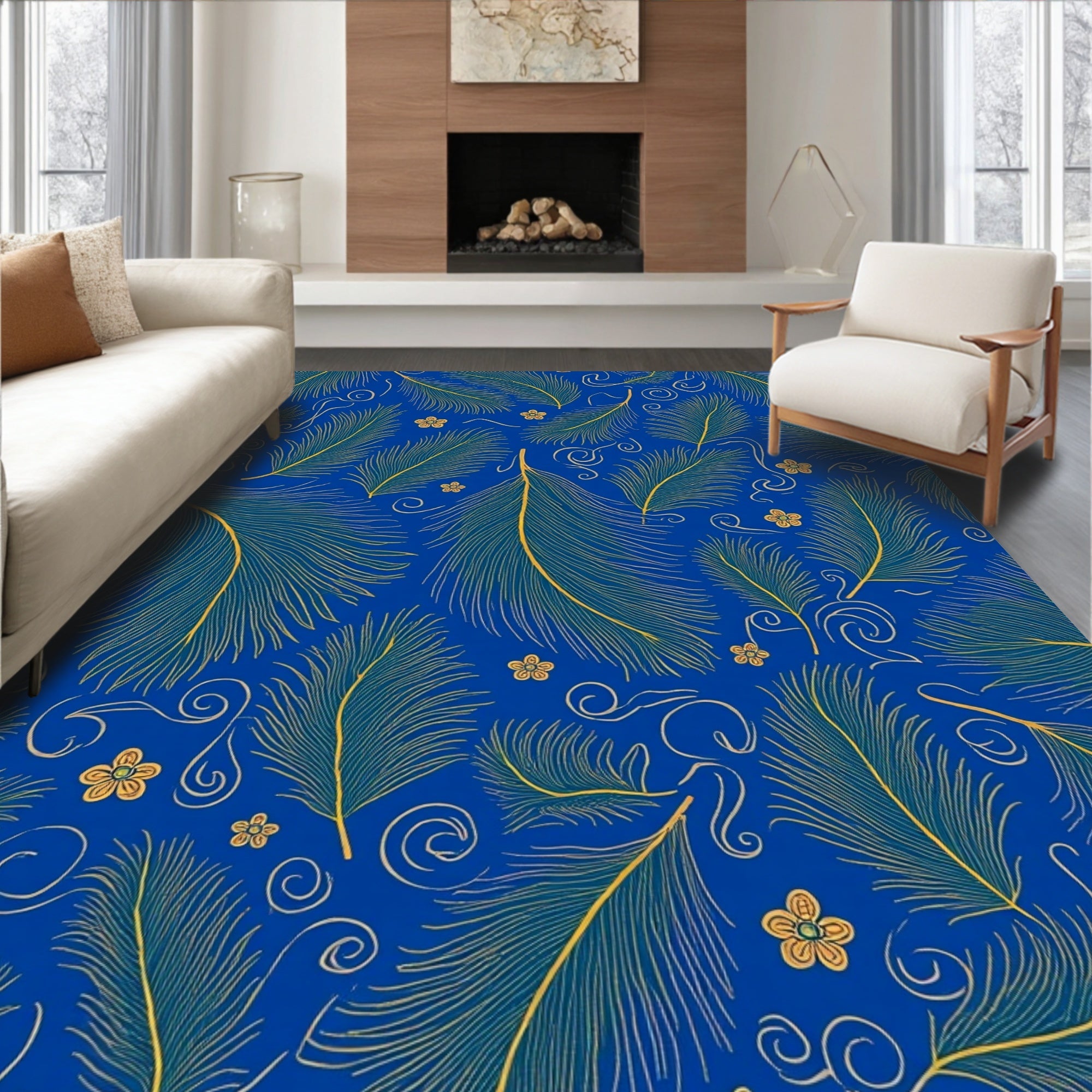 Royal Blue Feather Flower Pattern Rug