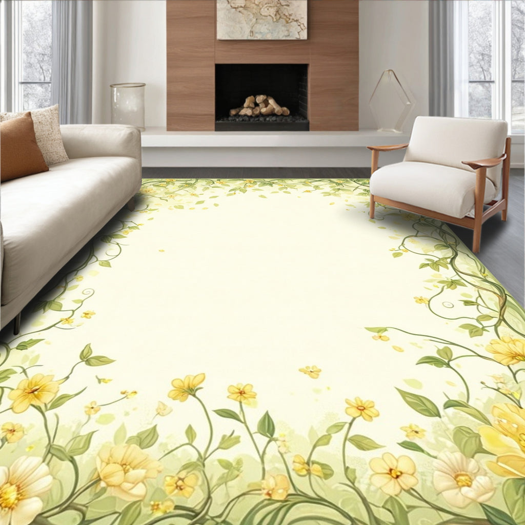 Whimsical Yellow Floral Vine Pattern Rug