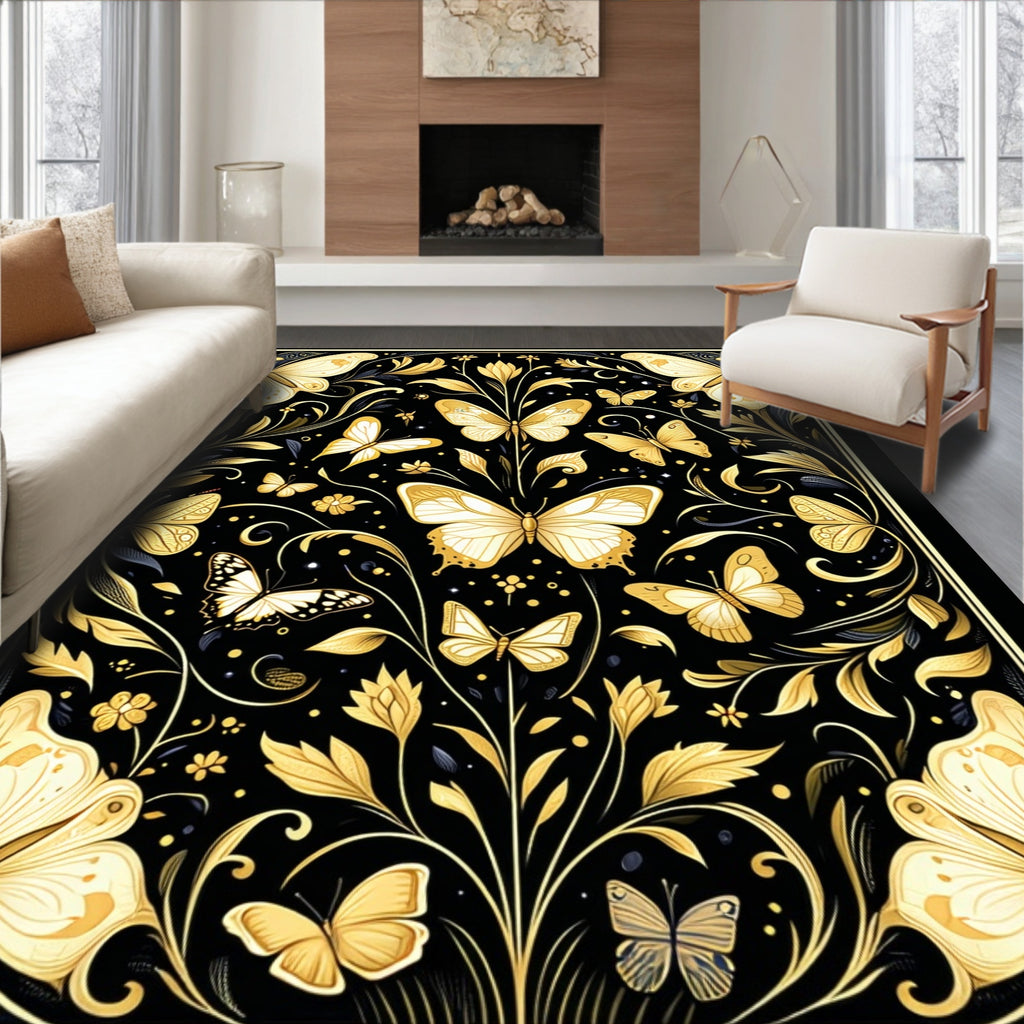 Elegant Gold Butterfly Floral Pattern Rug