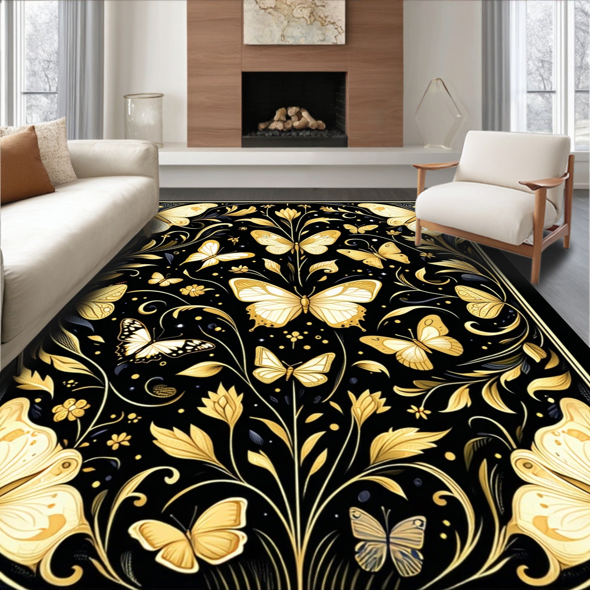 Elegant Gold Butterfly Floral Pattern Rug